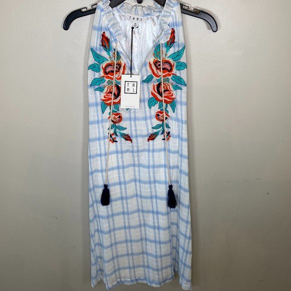 NWT THML Plaid Sleeveless Dress with Floral Embroidery - Picture 1 of 9